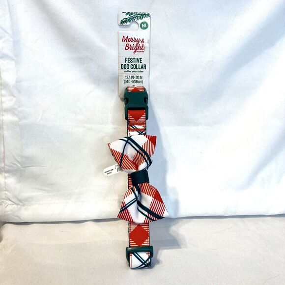 Merry & Bright Festive Dog Collar w/Bowtie Red Green & White Size Medium - Picture 1 of 12